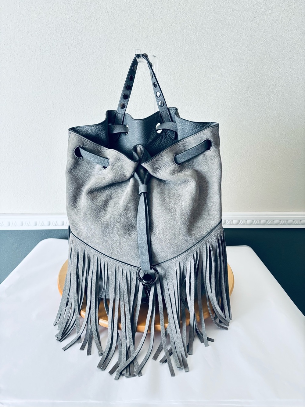 Rebecca Minkoff Gray Fringe Boho Drawstring Bucket Shoulder Tote Fall Backpack
